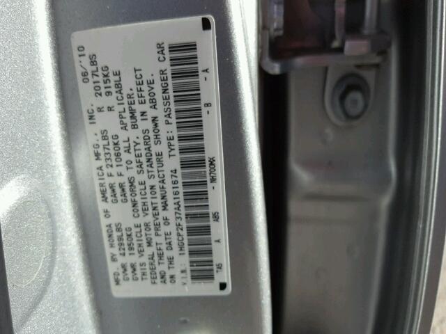 1HGCP2F37AA161674 - 2010 HONDA ACCORD LX GRAY photo 10