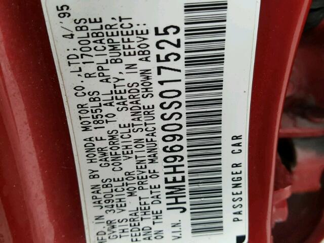JHMEH9690SS017525 - 1995 HONDA CIVIC EX წითელი ფოტო 10