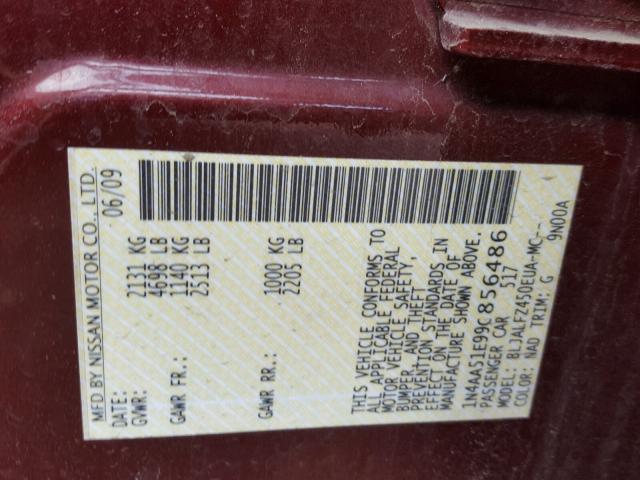 1N4AA51E99C856486 - 2009 NISSAN MAXIMA S BURGUNDY photo 10