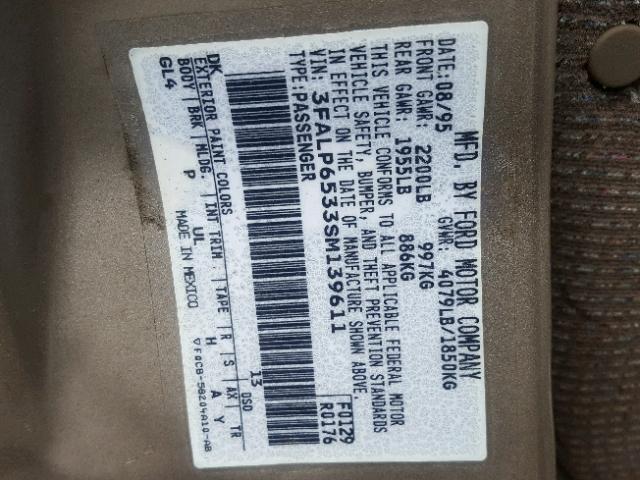 3FALP6533SM139611 - 1995 FORD CONTOUR GL 棕色 照片 10