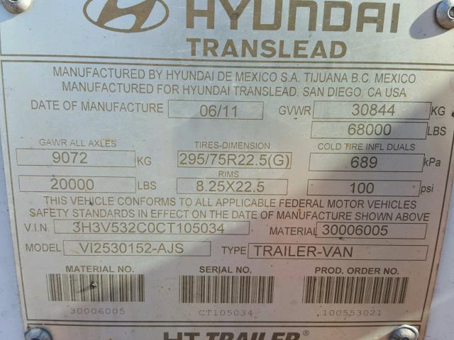 3H3V532C0CT105034 - 2012 HYUNDAI TRAILER WHITE photo 10