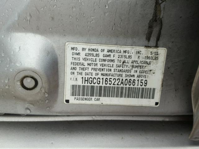 1HGCG16522A066159 - 2002 HONDA ACCORD EX SILVER photo 10