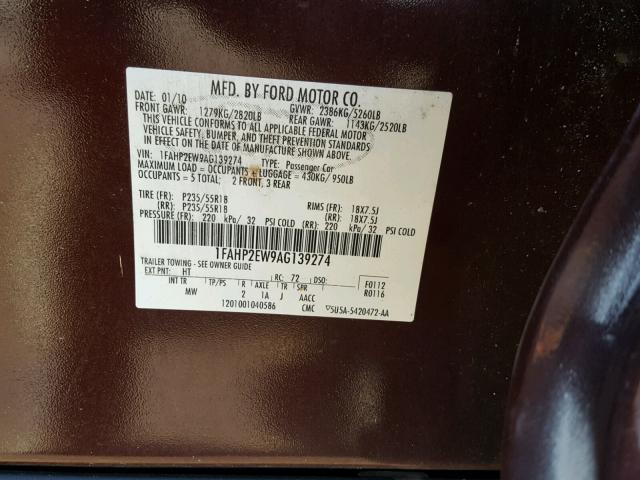 1FAHP2EW9AG139274 - 2010 FORD TAURUS SEL BURGUNDY photo 10