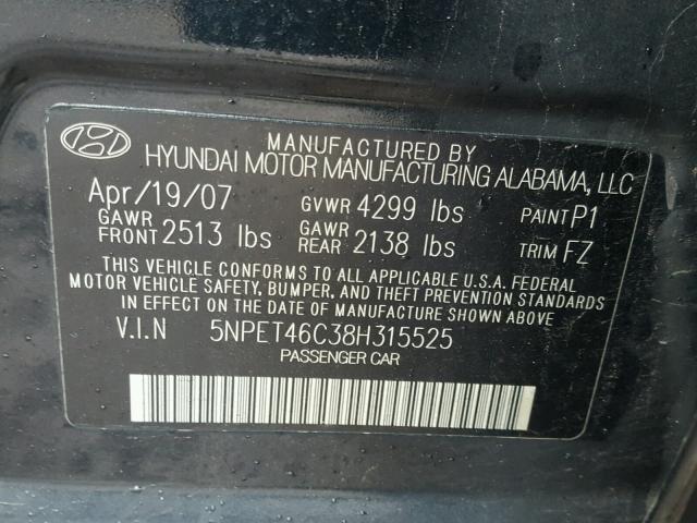 5NPET46C38H315525 - 2008 HYUNDAI SONATA GLS BLUE photo 10