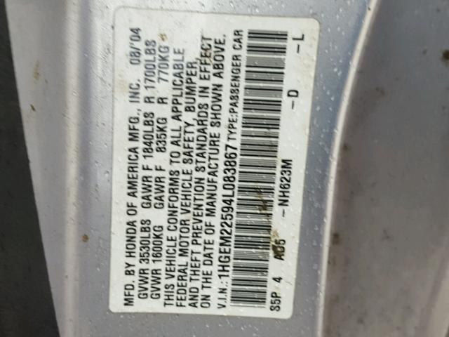 1HGEM22594L083867 - 2004 HONDA CIVIC LX SILVER photo 10