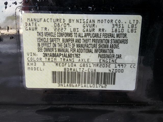 3N1AB6AP1AL601762 - 2010 NISSAN SENTRA 2.0 BLACK photo 10