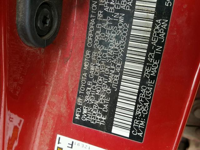 JTDBL40E799035002 - 2009 TOYOTA COROLLA BA RED photo 10