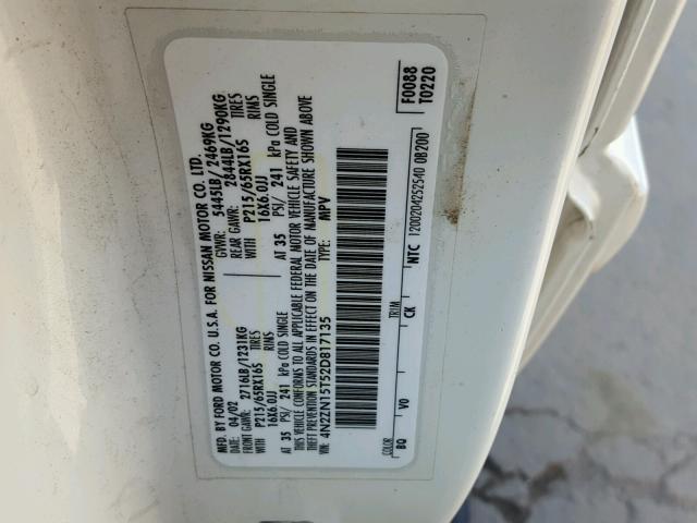 4N2ZN15T52D817135 - 2002 NISSAN QUEST GXE WHITE photo 10