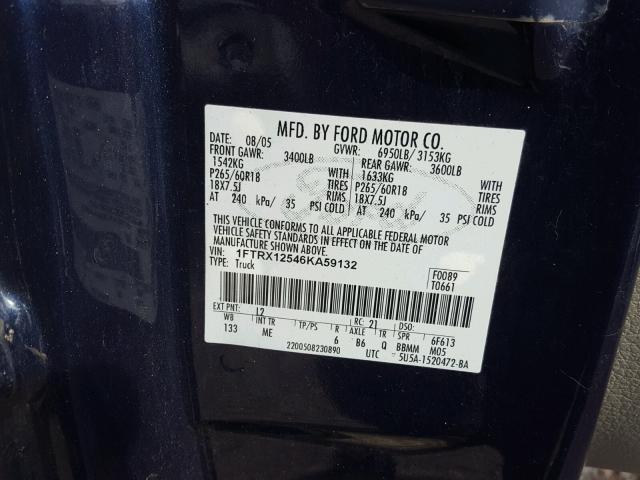 1FTRX12546KA59132 - 2006 FORD F150 BLUE photo 10