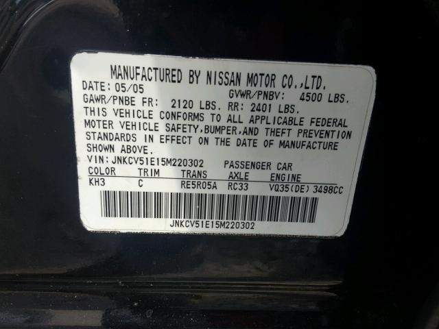 JNKCV51E15M220302 - 2005 INFINITI G35 BLACK photo 10