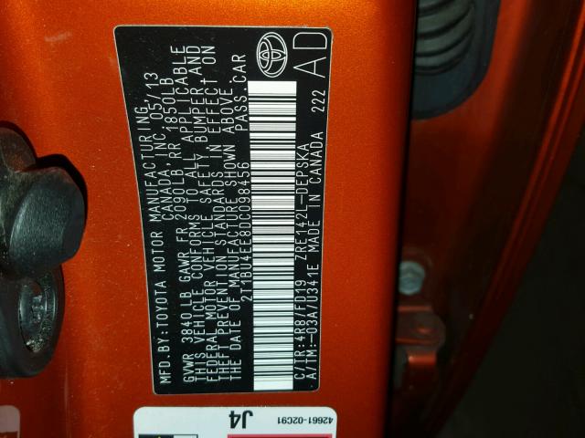 2T1BU4EE8DC098456 - 2013 TOYOTA COROLLA BA ORANGE photo 10