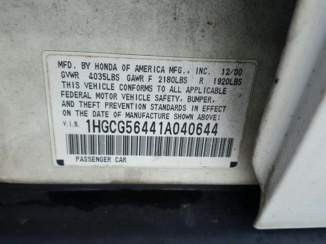 1HGCG56441A040644 - 2001 HONDA ACCORD LX WHITE photo 10