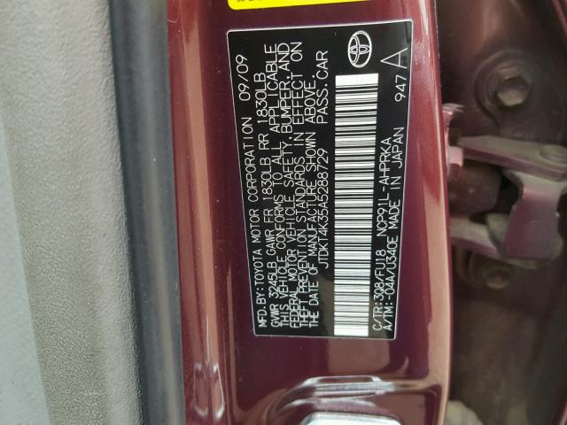 JTDKT4K35A5288729 - 2010 TOYOTA YARIS MAROON photo 10