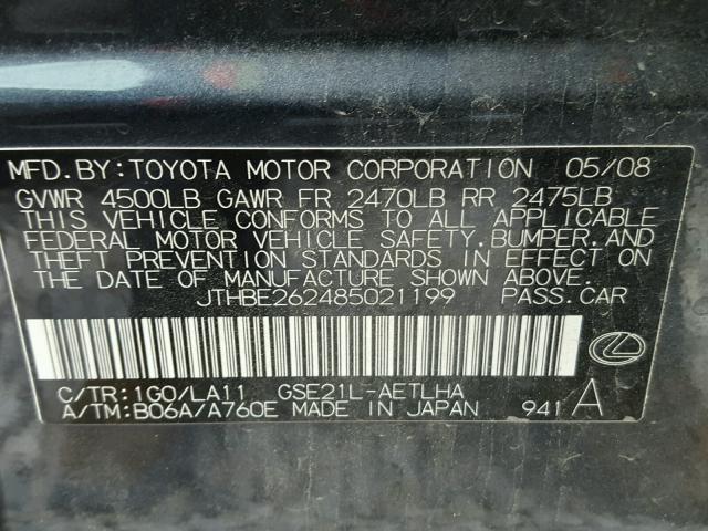 JTHBE262485021199 - 2008 LEXUS IS 350 BLACK photo 10