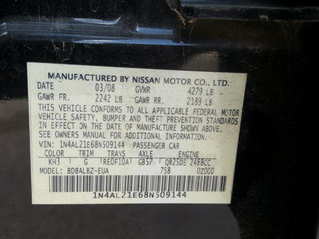 1N4AL21E68N509144 - 2008 NISSAN ALTIMA 2.5 BLACK photo 10