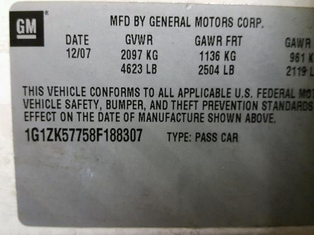 1G1ZK57758F188307 - 2008 CHEVROLET MALIBU LTZ WHITE photo 10