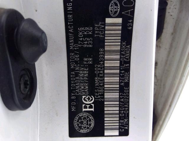 2T1BE4EEXAC043998 - 2010 TOYOTA COROLLA XR 白色 照片 9