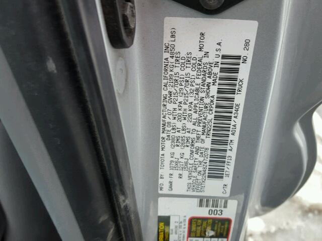 5TETX22N48Z472078 - 2008 TOYOTA TACOMA ACC SILVER photo 10