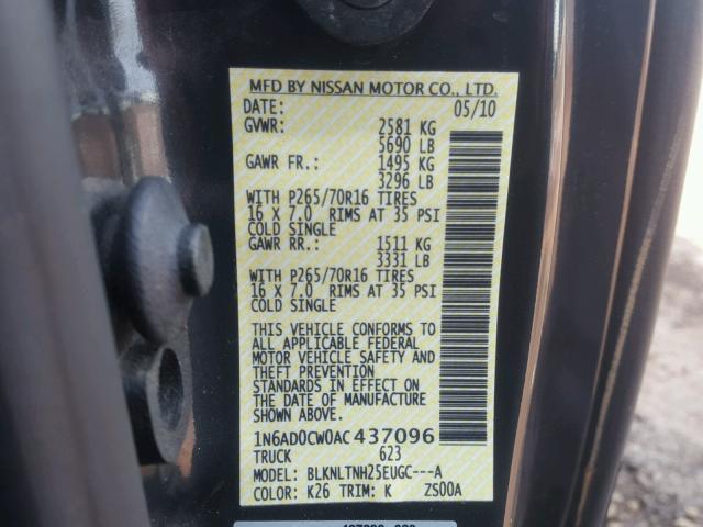 1N6AD0CW0AC437096 - 2010 NISSAN FRONTIER K GRAY photo 10