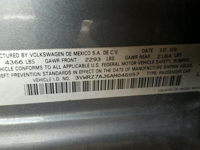 3VWRZ7AJ6AM046957 - 2010 VOLKSWAGEN JETTA SE GRAY photo 10