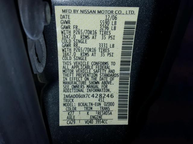 1N6AD06UX7C428246 - 2007 NISSAN FRONTIER K GRAY photo 10