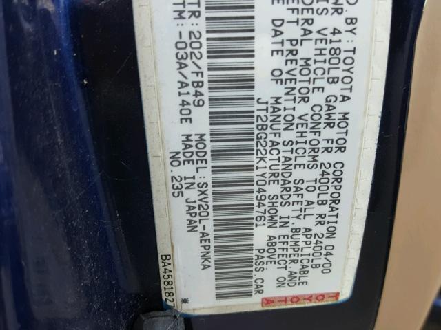 JT2BG22K1Y0494761 - 2000 TOYOTA CAMRY CE BLUE photo 10