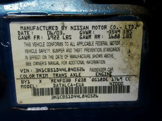 3N1CB51D44L840526 - 2004 NISSAN SENTRA 1.8 BLUE photo 10