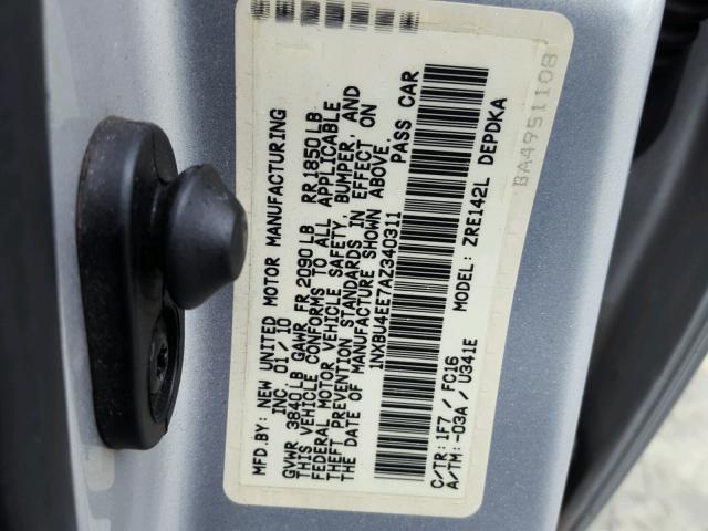 1NXBU4EE7AZ340311 - 2010 TOYOTA COROLLA BA SILVER photo 10