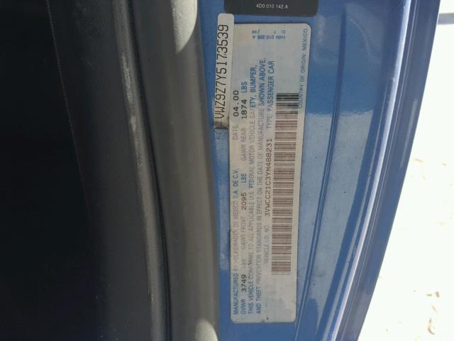 3VWCC21C3YM488231 - 2000 VOLKSWAGEN NEW BEETLE ლურჯი ფოტო 10