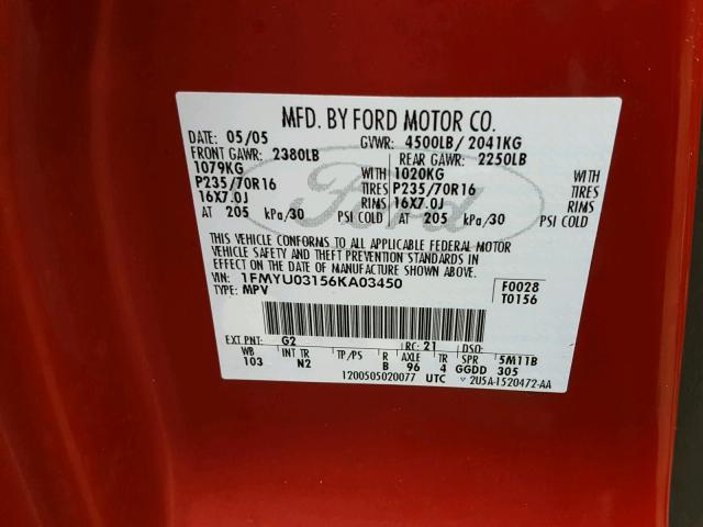 1FMYU03156KA03450 - 2006 FORD ESCAPE XLT RED photo 10