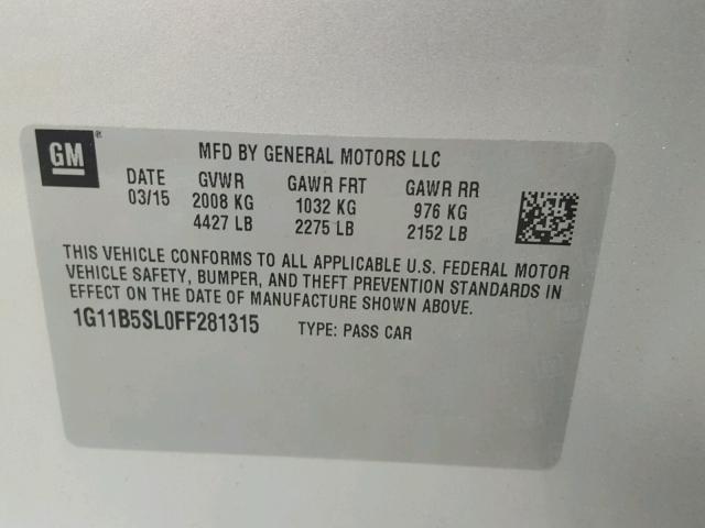 1G11B5SL0FF281315 - 2015 CHEVROLET MALIBU LS ვერცხლისფერი ფოტო 10