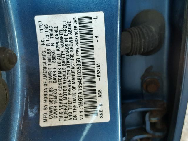 1HGFA16548L035068 - 2008 HONDA CIVIC LX BLUE photo 10