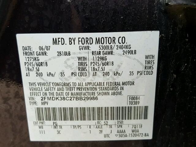 2FMDK38C27BB29986 - 2007 FORD EDGE SEL PURPLE photo 10