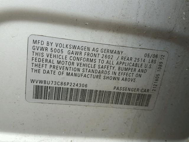 WVWBU73C86P224306 - 2006 VOLKSWAGEN PASSAT 3.6 SILVER photo 10