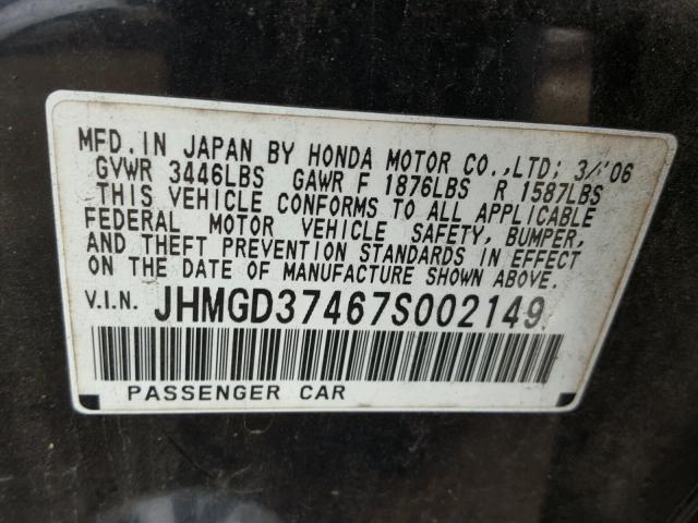 JHMGD37467S002149 - 2007 HONDA FIT BLACK photo 10