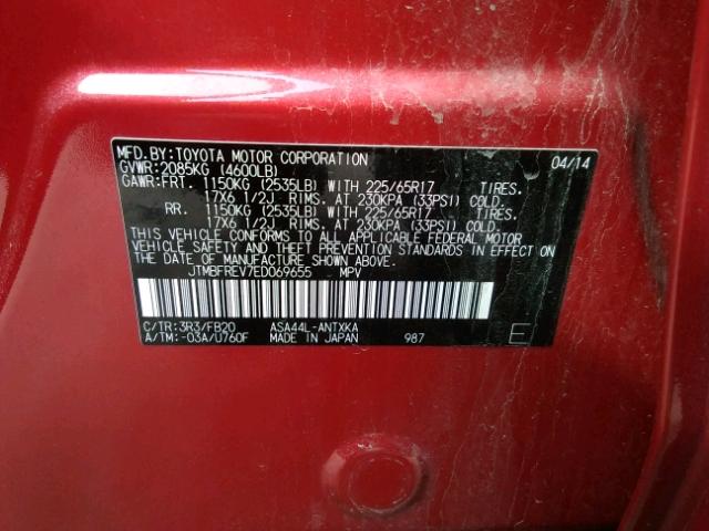 JTMBFREV7ED069655 - 2014 TOYOTA RAV4 LE RED photo 10