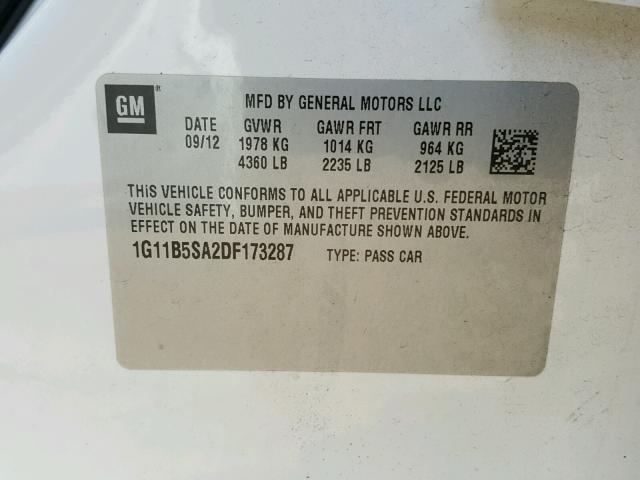 1G11B5SA2DF173287 - 2013 CHEVROLET MALIBU LS თეთრი ფოტო 10