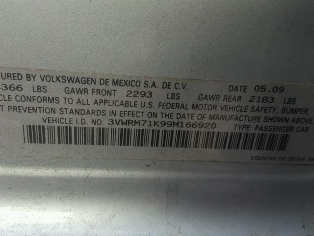 3VWRM71K99M166920 - 2009 VOLKSWAGEN JETTA SE SILVER photo 10