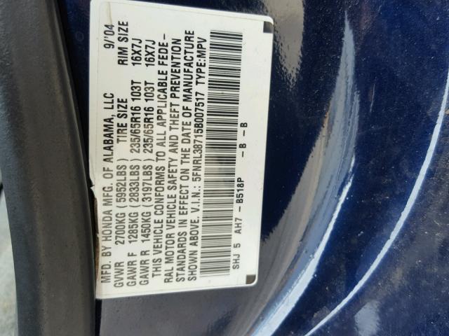 5FNRL38715B007517 - 2005 HONDA ODYSSEY EX BLUE photo 10