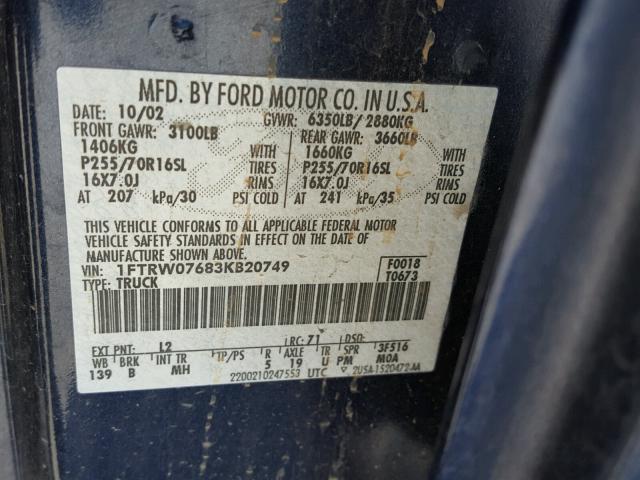 1FTRW07683KB20749 - 2003 FORD F150 SUPER BLUE photo 10