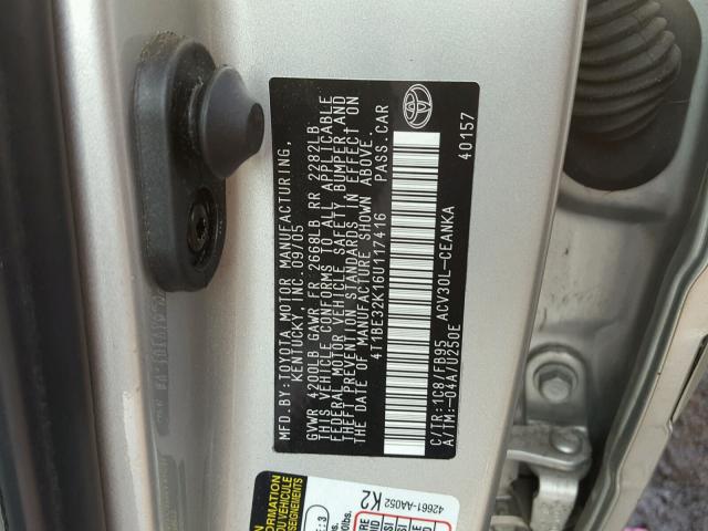 4T1BE32K16U117416 - 2006 TOYOTA CAMRY LE SILVER photo 10