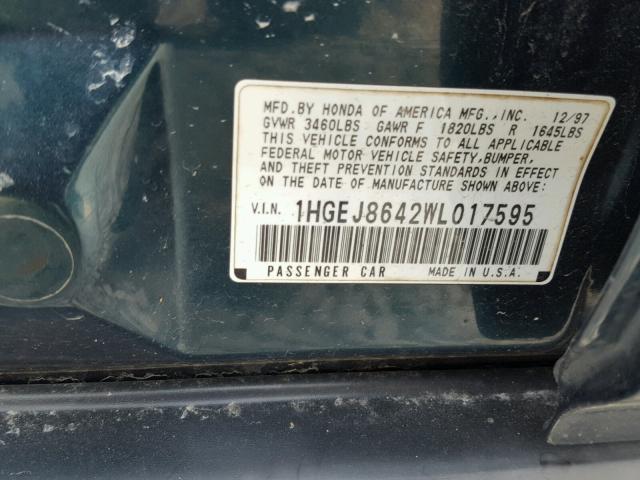 1HGEJ8642WL017595 - 1998 HONDA CIVIC EX Yaşıl foto 10