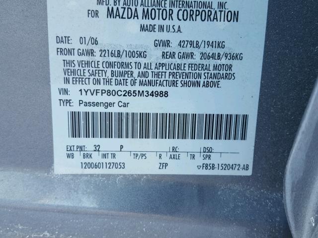 1YVFP80C265M34988 - 2006 MAZDA 6 I SILVER photo 10