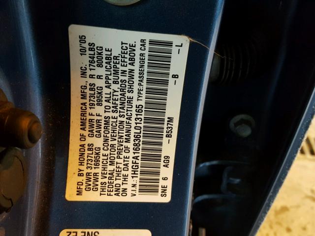 1HGFA16836L013165 - 2006 HONDA CIVIC EX Mavi foto 10