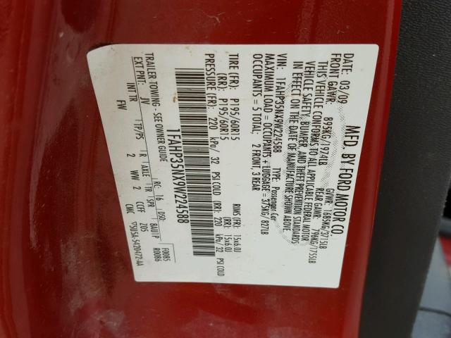 1FAHP35NX9W224588 - 2009 FORD FOCUS SE RED photo 10