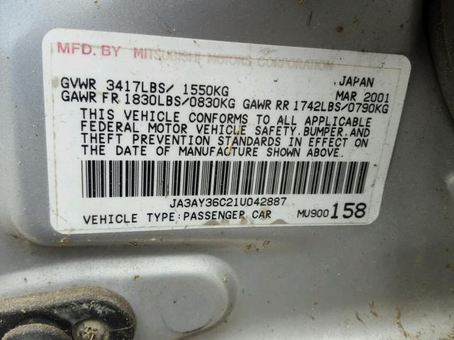 JA3AY36C21U042887 - 2001 MITSUBISHI MIRAGE LS SILVER photo 10