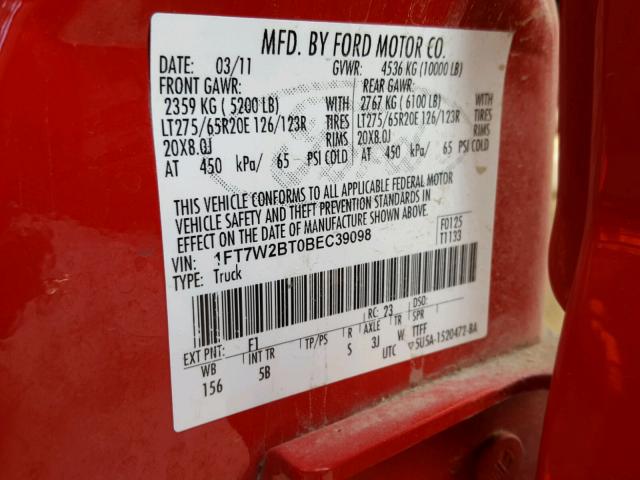 1FT7W2BT0BEC39098 - 2011 FORD F250 SUPER RED photo 10