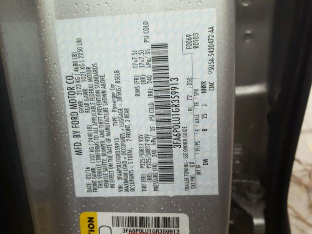 3FA6P0LU1GR359913 - 2016 FORD FUSION SE SILVER photo 10