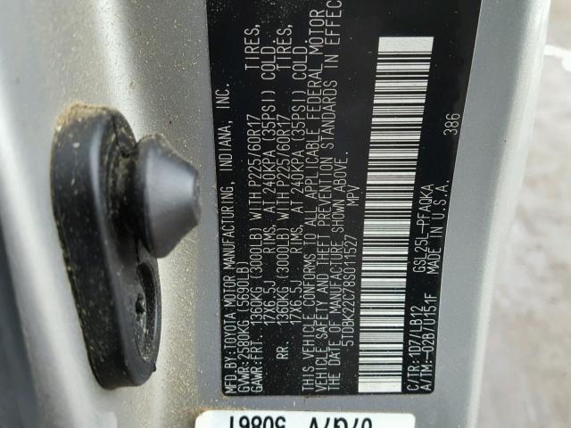 5TDBK22C78S011527 - 2008 TOYOTA SIENNA XLE SILVER photo 10