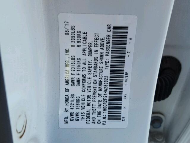 1HGCR2F54HA289022 - 2017 HONDA ACCORD SPO WHITE photo 10